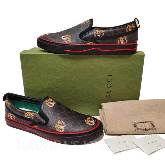 GUCCI SHOES MENS 1977 TENNIS SLIP ON SNEAKERS GG SUPREME TIGER - Picture 2 of 16